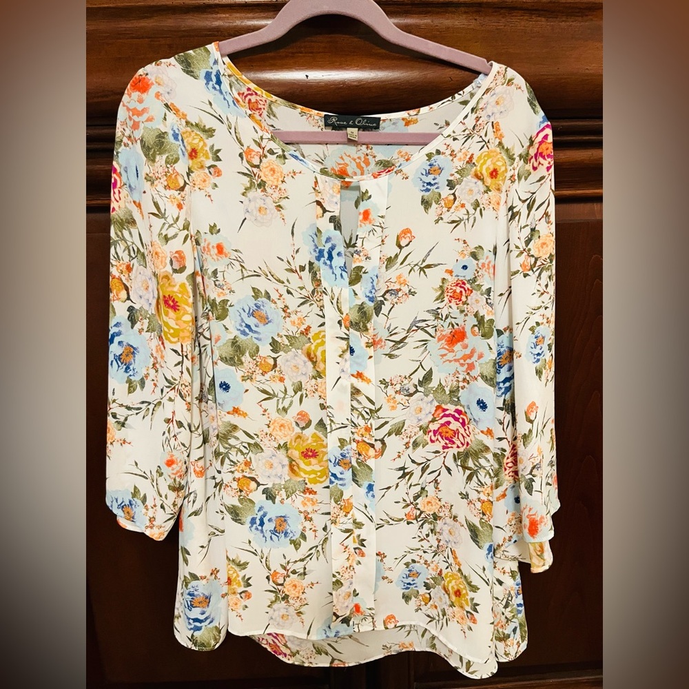 Rose & Olive Ivory Blue Orange Green Floral 3/4 Sleeve Blouse 1X